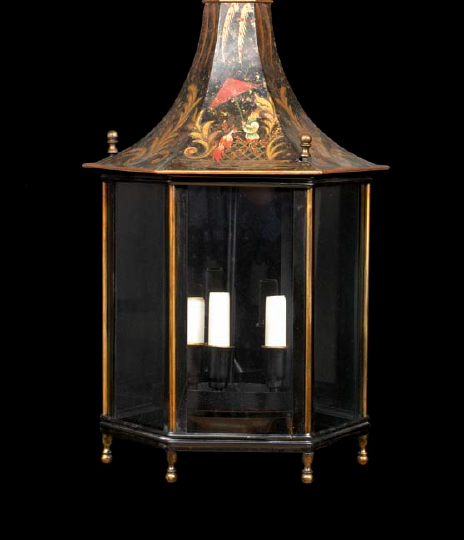 Appraisal: English Black-and-Gold Chinoiserie Tole and Glass Hexagonal Lantern the interior