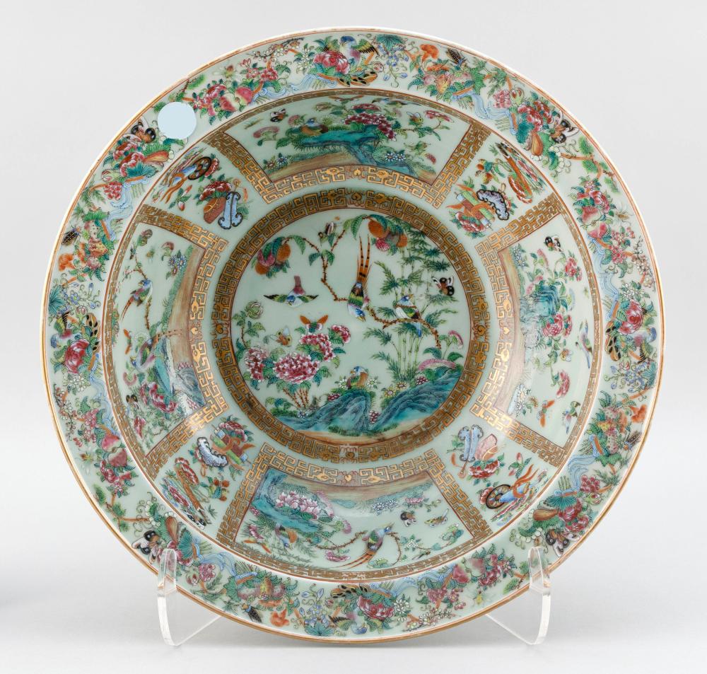 Appraisal: CHINESE EXPORT ROSE CANTON ON CELADON PORCELAIN PUNCH BOWL LAST