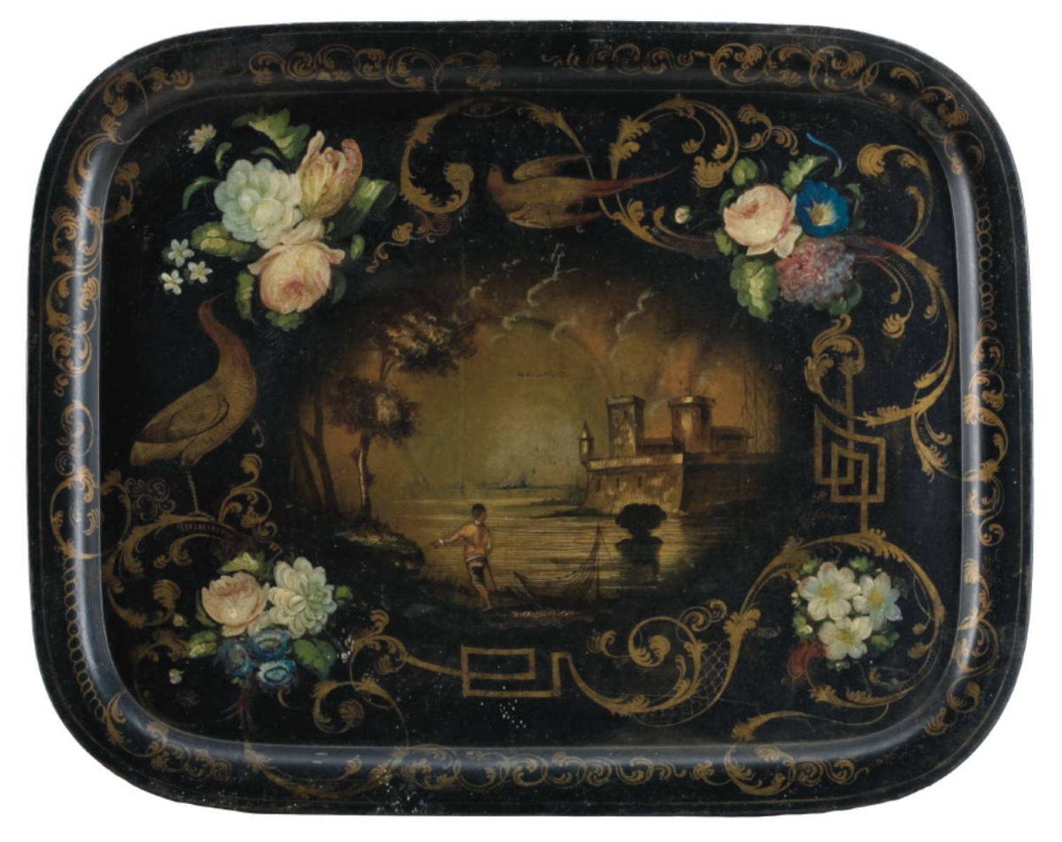 Appraisal: TOLE-DECORATED TRAY WITH TRANSFER LANDSCAPE OF THE CASTLE AT SAN