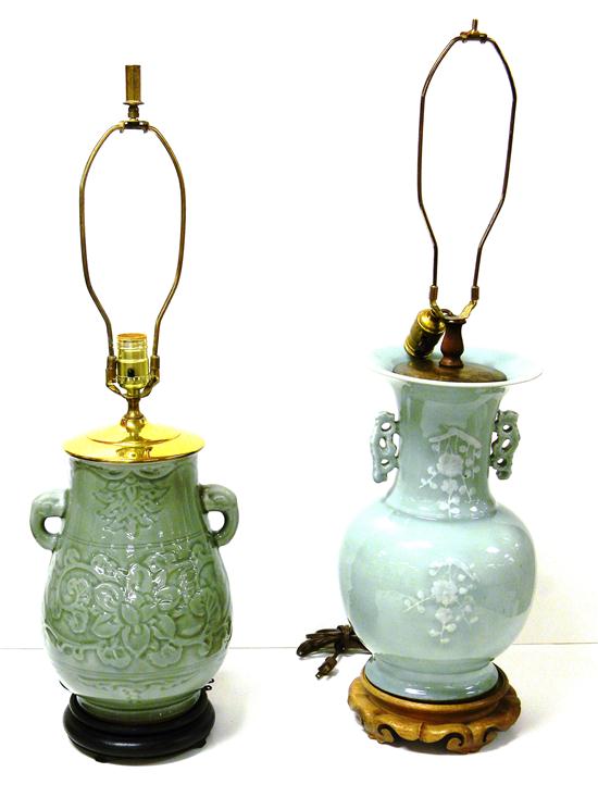 Appraisal: Pair celadon double-handled vases converted into lamps one with white