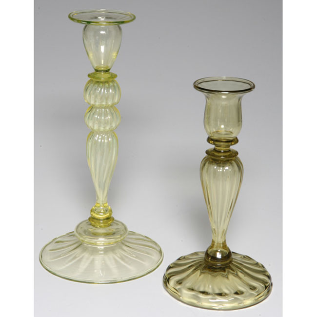 Appraisal: Steuben candlestick sculpted and ribbed two-toned yellow glass unmarked w