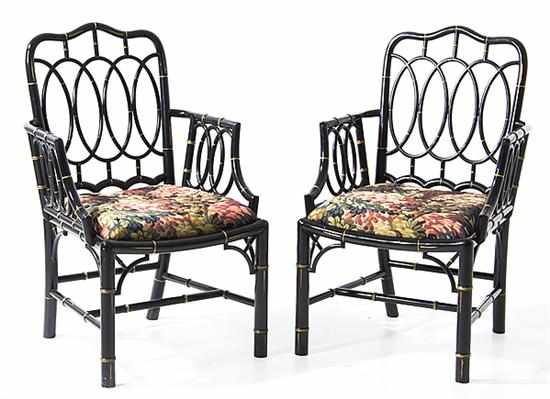 Appraisal: Pair Chinese Chippendale style painted armchairs by Baker Furniture Co