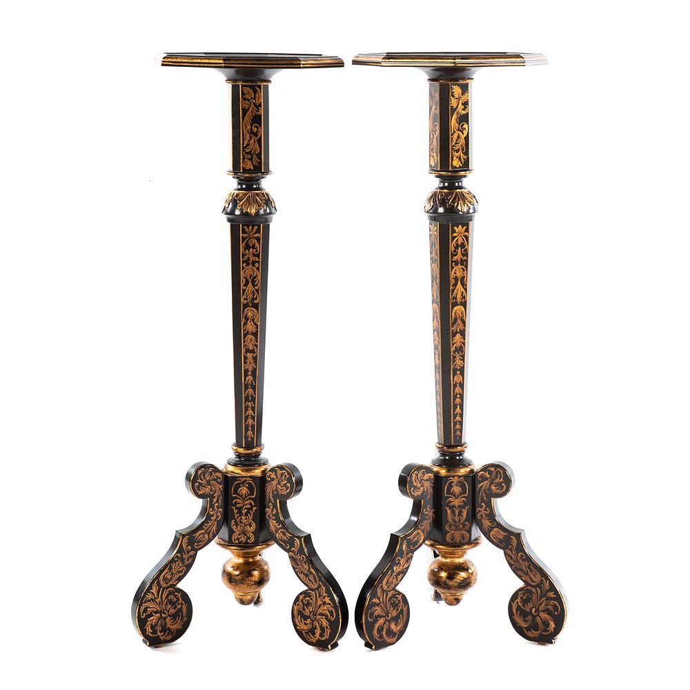 Appraisal: A Pair of Edwardian Style Ebonized Pedestal Stands With octagonal