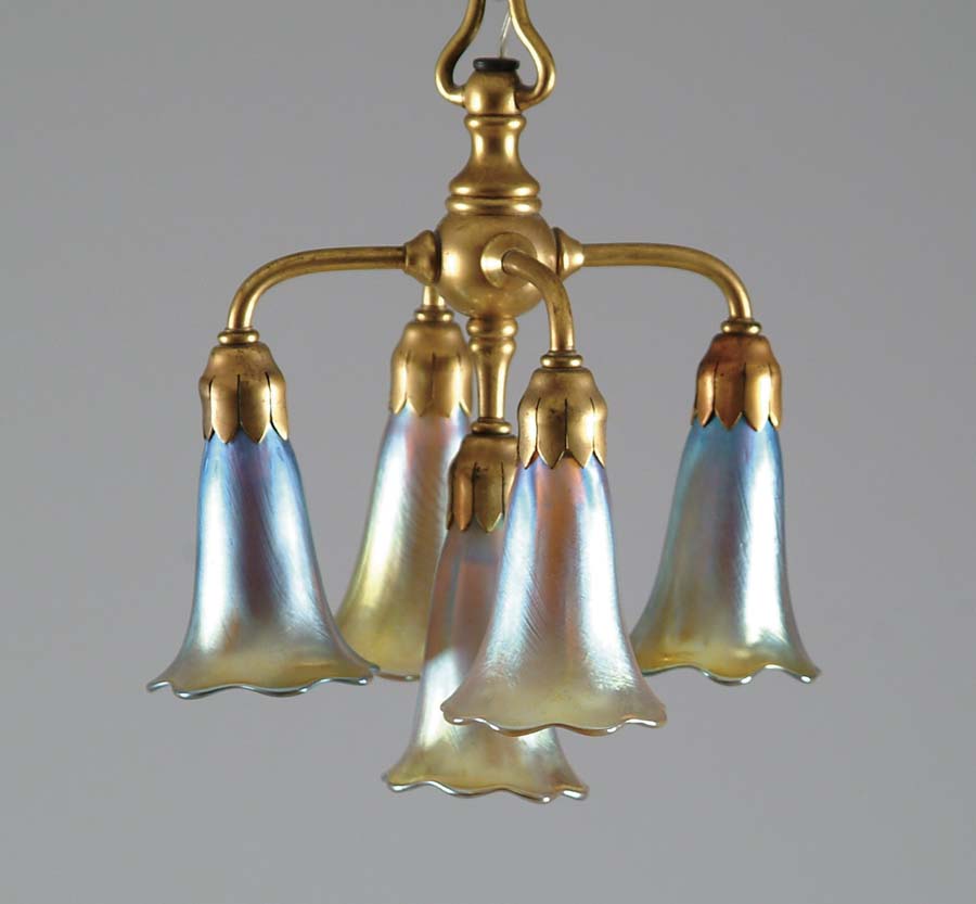 Appraisal: TIFFANY FIVE LILY HALL LITE Very nice Tiffany hall lite