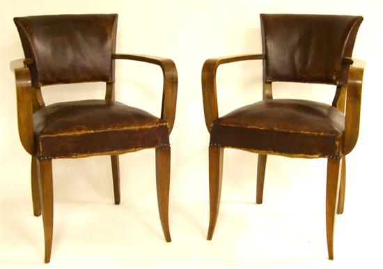 Appraisal: th C French pair of brown open arm leather chairs