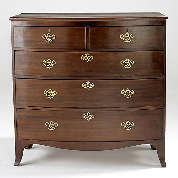 Appraisal: ENGLISH BOW FRONT CHESTMahogany French feet two over three drawer