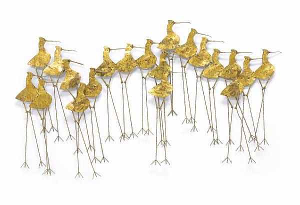 Appraisal: A Curtis Jer patinated-metal wall sculpture Sandpipers circa signed C