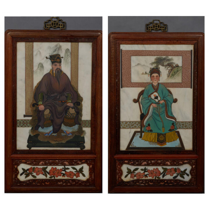 Appraisal: Pair of Unusual Chinese Polychromed Ancestor Paintings th c on