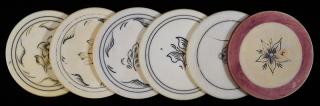 Appraisal: Six Leaf and Flower Scrimshawed Ivory Poker Chips American ca