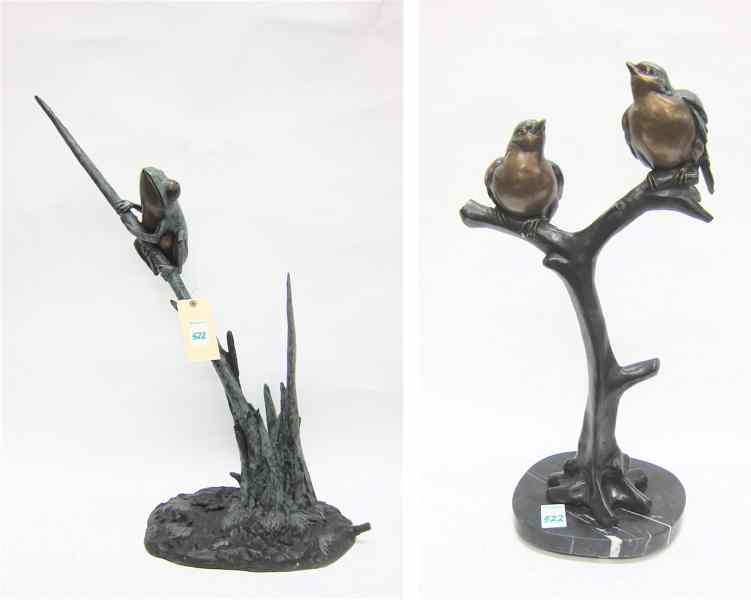 Appraisal: TWO PATINATED BRONZE WILDLIFE SCULPTURES ''H lovebirds and ''H frog