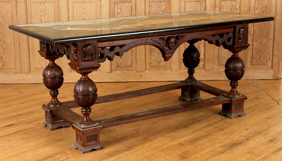 Appraisal: UNUSUAL FRENCH WALNUT TABLE BASE INLAID MARBLE An unusual French