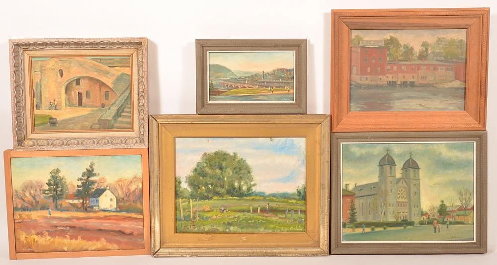 Appraisal: Six J Cashore Oil Paintings of Buildings Six Oil Paintings