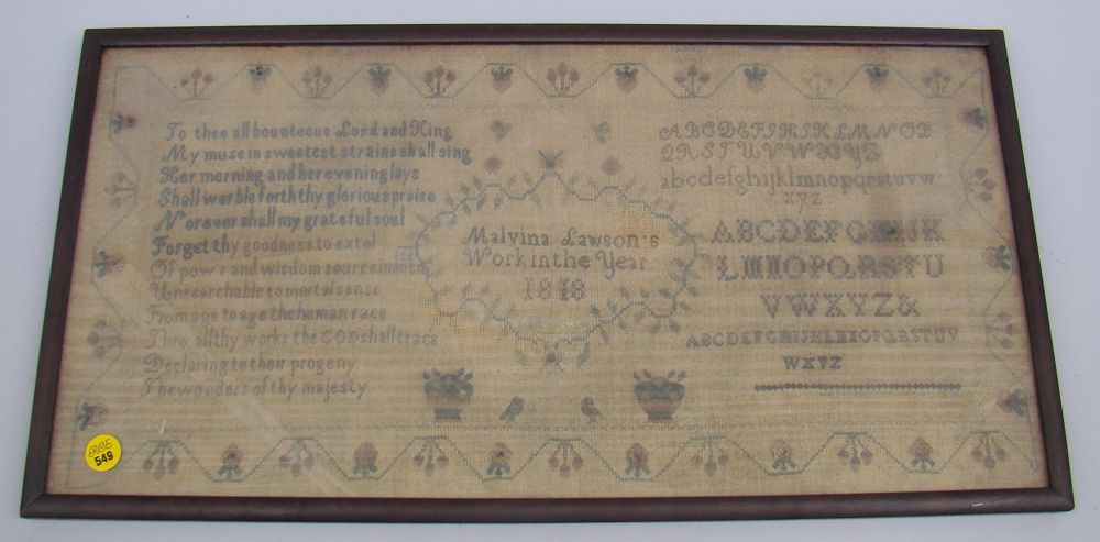 Appraisal: FRAMED NEEDLEWORK SAMPLER Early th CenturyMalvina Lawson's work in the