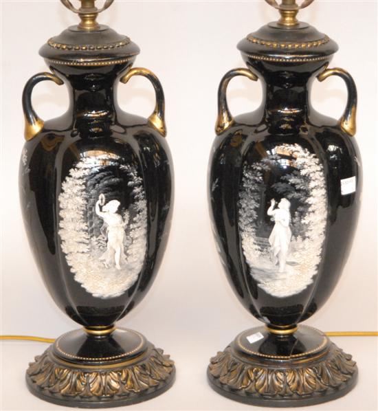 Appraisal: PAIR VICTORIAN MARY GREGORY ENAMELED TWIN HANDLED GLASS VASES Made