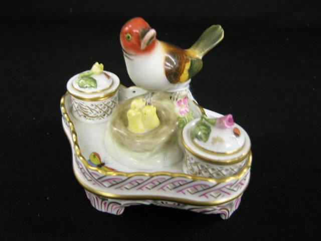 Appraisal: Herend Figural Porcelain Inkstand with bird nest decor double well