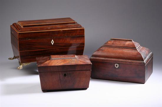 Appraisal: THREE SARCOPHAGUS-FORM TEA CADDIES th century One Regency mahogany two