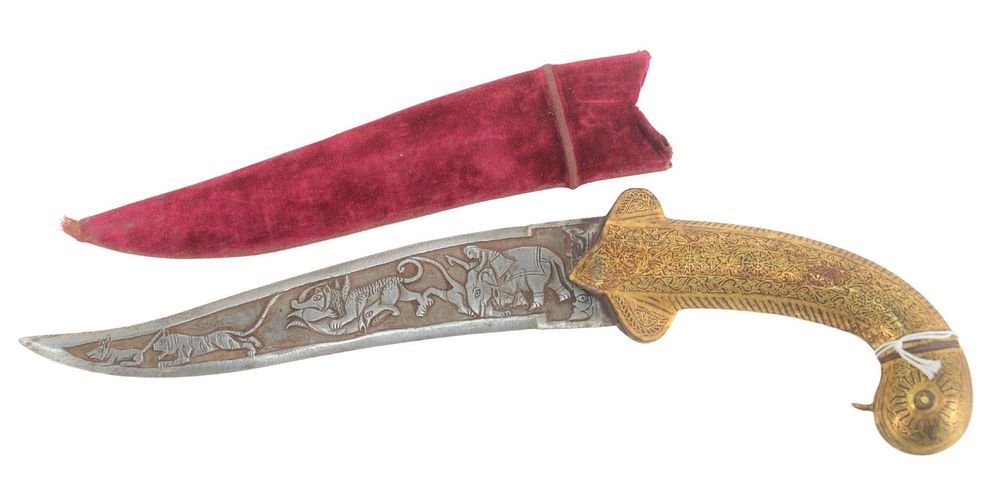 Appraisal: Indian Dagger having gold inlaid hilt blade carved with animals