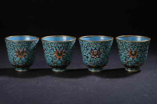 Appraisal: FOUR CLOISONN ENAMEL CUPS Qianlong four character mark Floral decoration