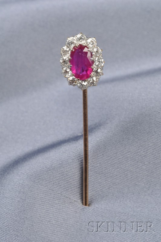 Appraisal: Antique Ruby and Diamond Stickpin set with a rectangular cushion-shaped