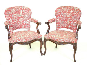 Appraisal: A pair of French mahogany open armchairs th century the