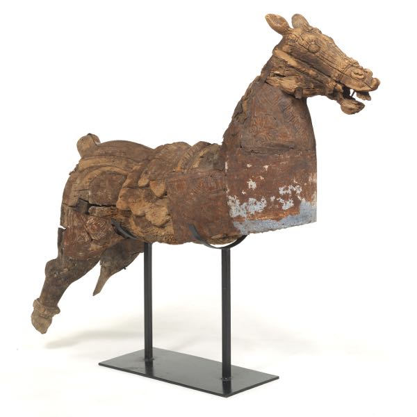 Appraisal: CARVED WOOD HORSE SCULPTURE ON IRON BASE x Heavily weathered