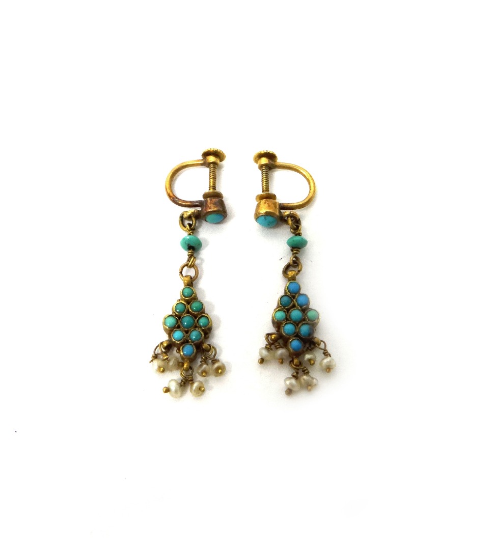 Appraisal: A pair of gold turquoise and seed pearl pendant earrings