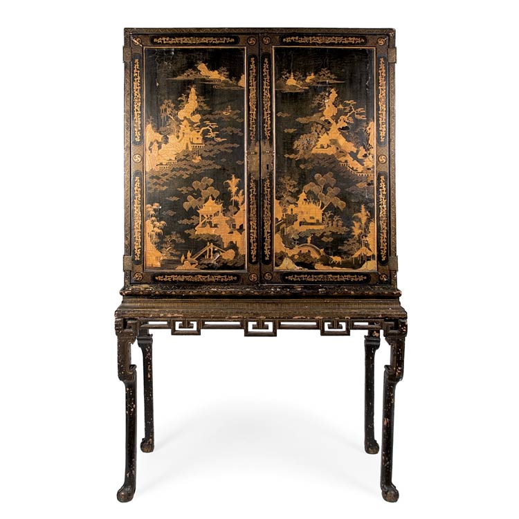 Appraisal: Chinese Export Chinoiserie Decorated Black Lacquered Cabinet on Stand Mid