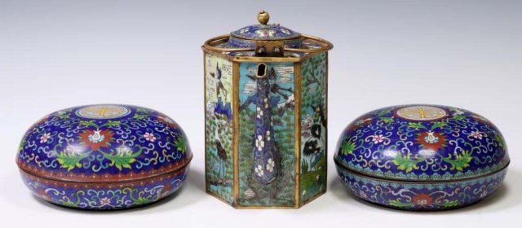 Appraisal: CHINESE CLOISONNE ENAMEL TEAPOT BOXES lot of Chinese cloisonne enamel