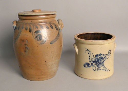 Appraisal: Two stoneware crocks th c with cobalt decoration h and