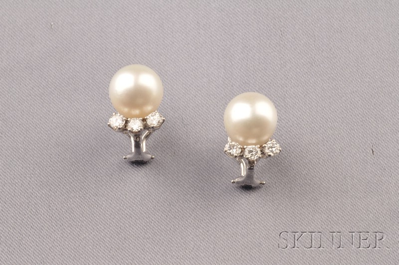 Appraisal: Cultured Pearl and Diamond Earclips each set with a white