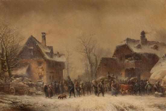 Appraisal: Anton Doll German - Busy Village in Winter oil on