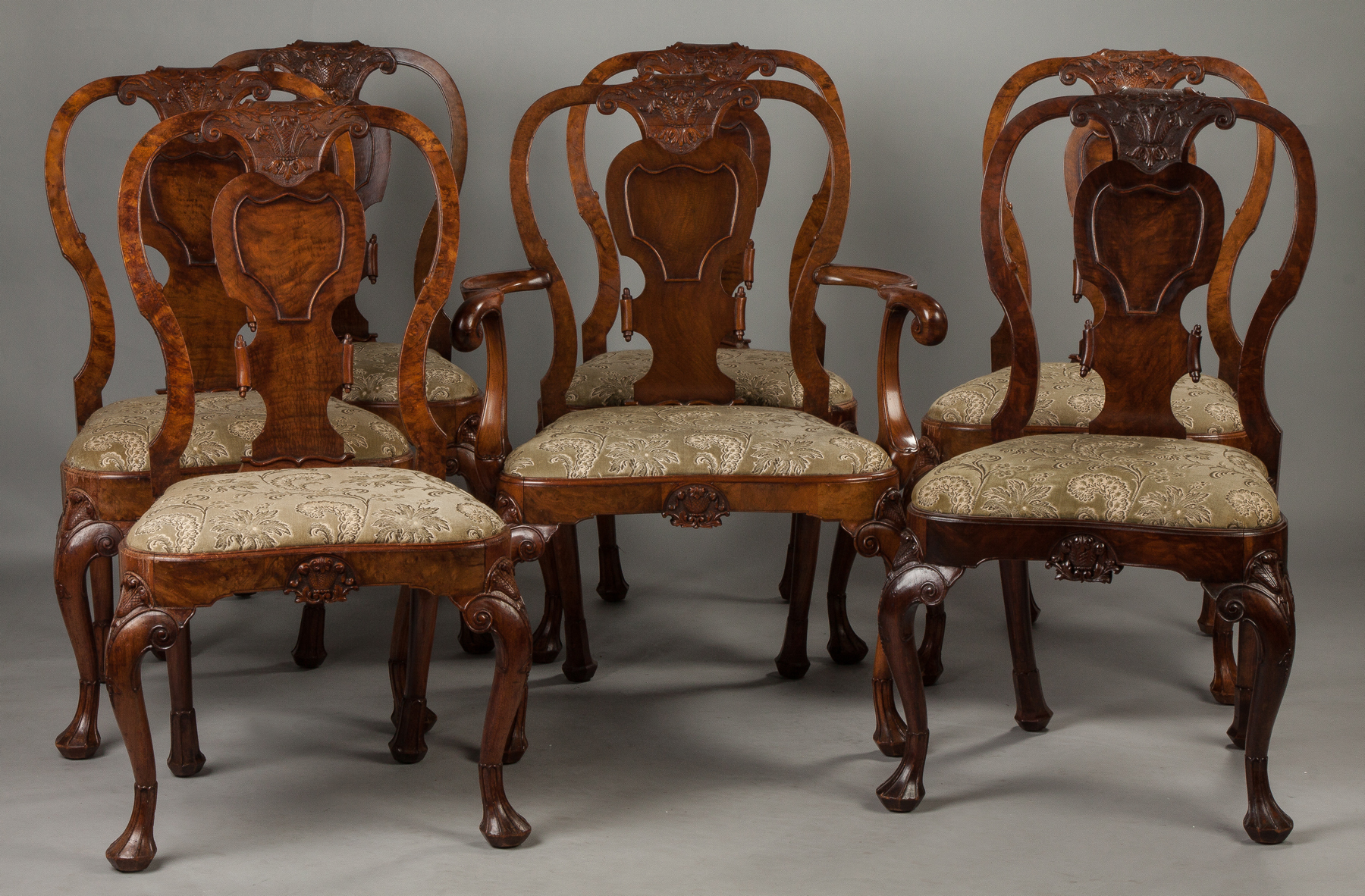 Appraisal: Eight Queen Anne Carved Walnut and Burl Chairs th century