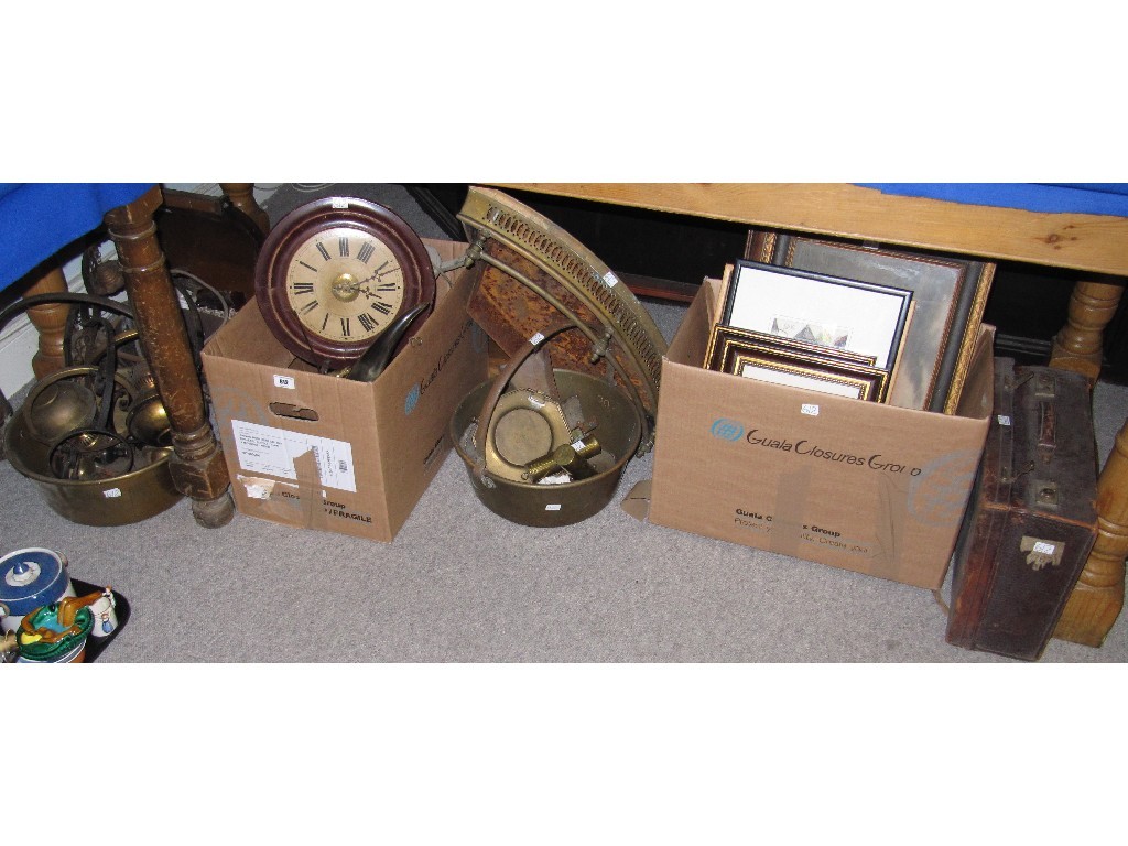 Appraisal: Lot comprising two boxes of bric-a-brac jelly pans fender framed