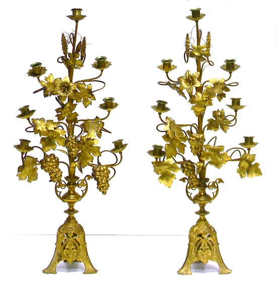 Appraisal: Pair of gilded metal candelabra seven candleholders on six curved