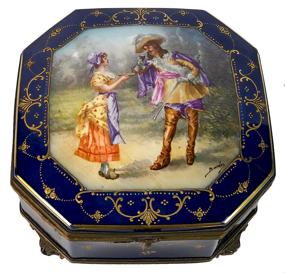 Appraisal: Large Sevres Box w Bronze Mounts Large octagonal cobalt Sevres