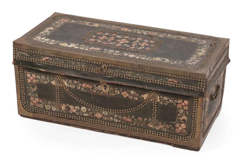 Appraisal: CHINESE BRASS-BOUND LEATHER-COVERED TRUNK MID- TH CENTURY HEIGHT WIDTH DEPTH