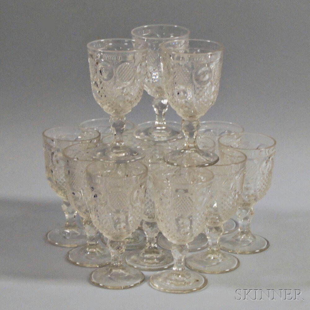 Appraisal: Set of Fifteen Colorless Pattern Glass Horn of Plenty Goblets