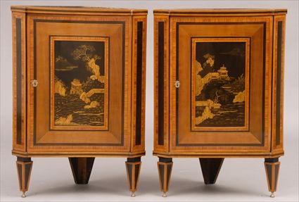 Appraisal: PAIR OF DUTCH NEOCLASSICAL-STYLE INLAID SATINWOOD AND LACQUER CORNER CABINETS