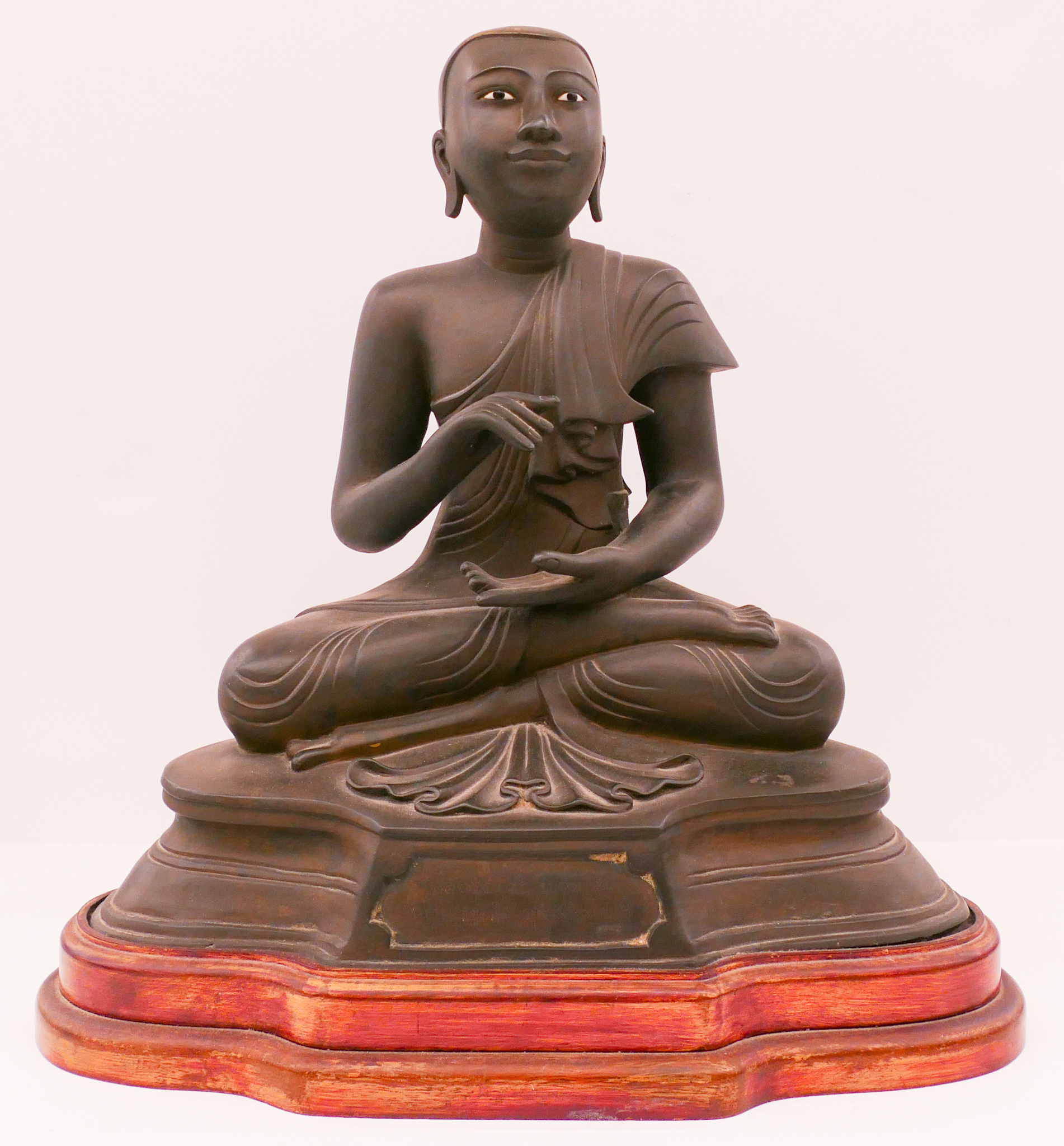 Appraisal: Burmese th Cent Seated Monk Bronze on Stand ''x ''