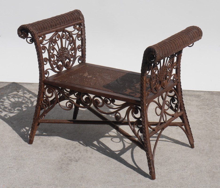 Appraisal: BROWN WICKER BENCH SETTEE Scroll arms curly-q decoration '' h