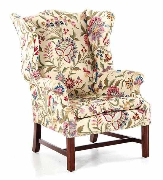 Appraisal: Federal style crewel-upholstered wingchair late th early th century serpentine