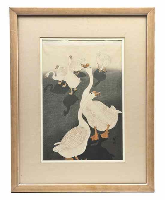 Appraisal: A Japanese Woodblock Print depicting six geese having two character