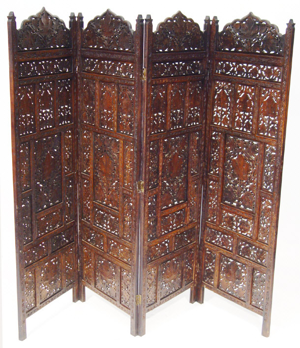 Appraisal: Anglo-Indian hardwood four panel screen profusely carved with flowers and