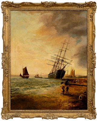 Appraisal: British maritime painting harbor with beached ship figures pulling mast