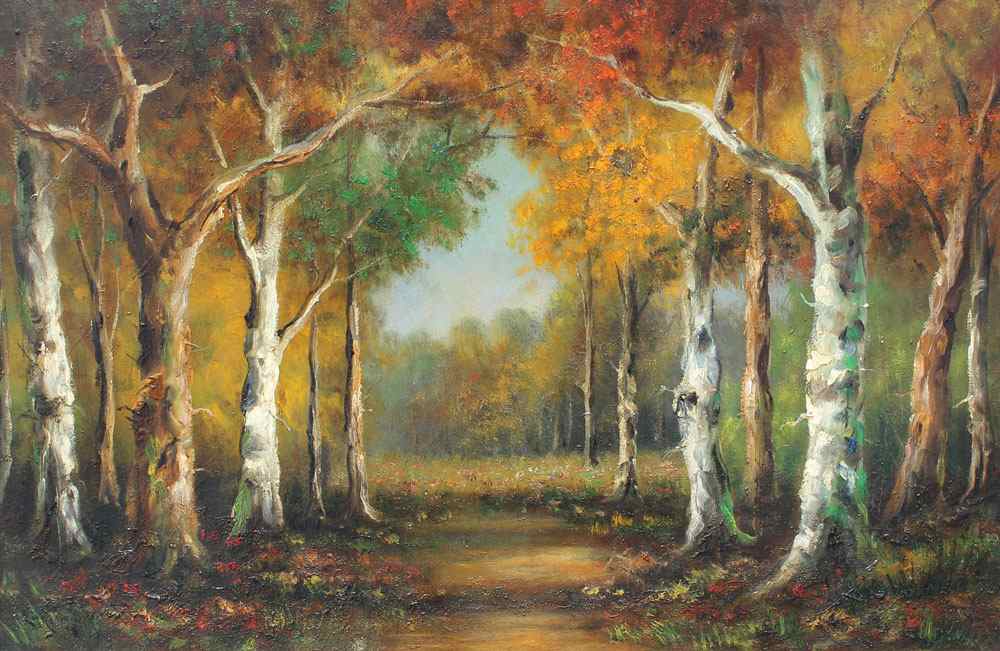 Appraisal: LA FORET Eugene American Birch Lined Forest Trail Oil Canvas