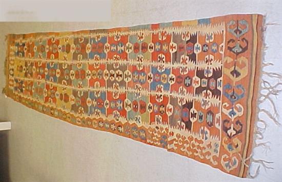 Appraisal: Oriental Kilim runner geometric pattern in blues browns oranges and