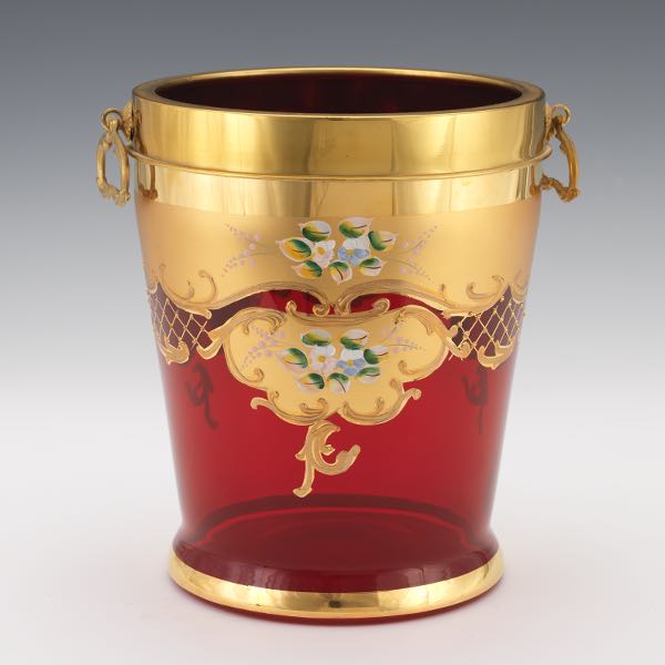 Appraisal: BOHEMIAN RUBY RED GLASS ENAMELS AND GILT CHAMPAGNE ICE BUCKET