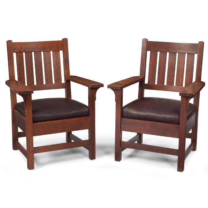 Appraisal: Good Gustav Stickley armchairs pair five vertical slats at back