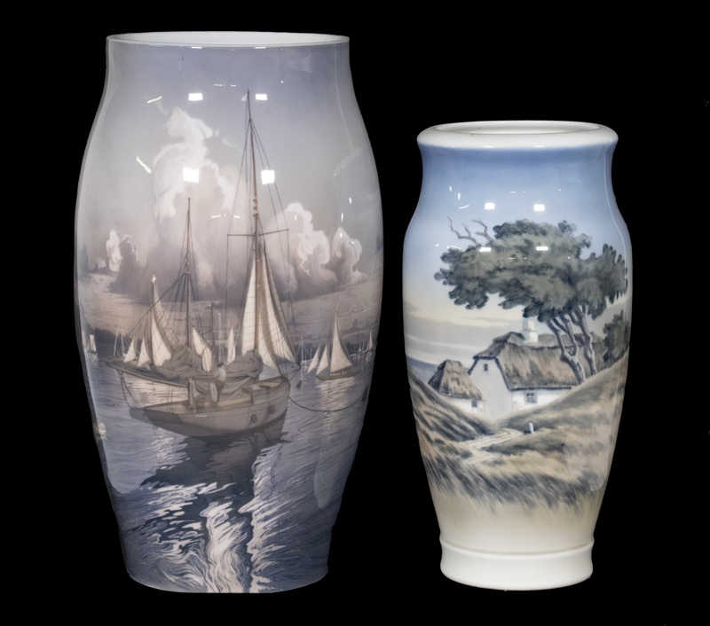 Appraisal: PORCELAIN FLOOR VASES Royal Copenhagen porcelain vase with rural landscape