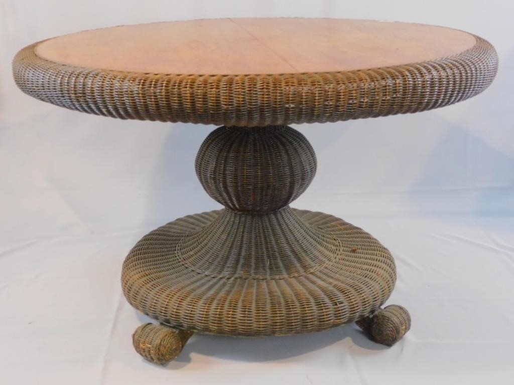 Appraisal: Quartersawn oak top with rolled wicker edge Empire style wicker